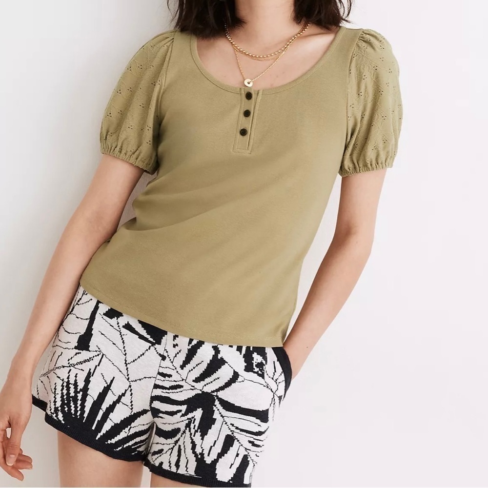 Madewell Olive Green Eyelet Sleeve Henley Short Sleeve Top Size Extra Small NWT